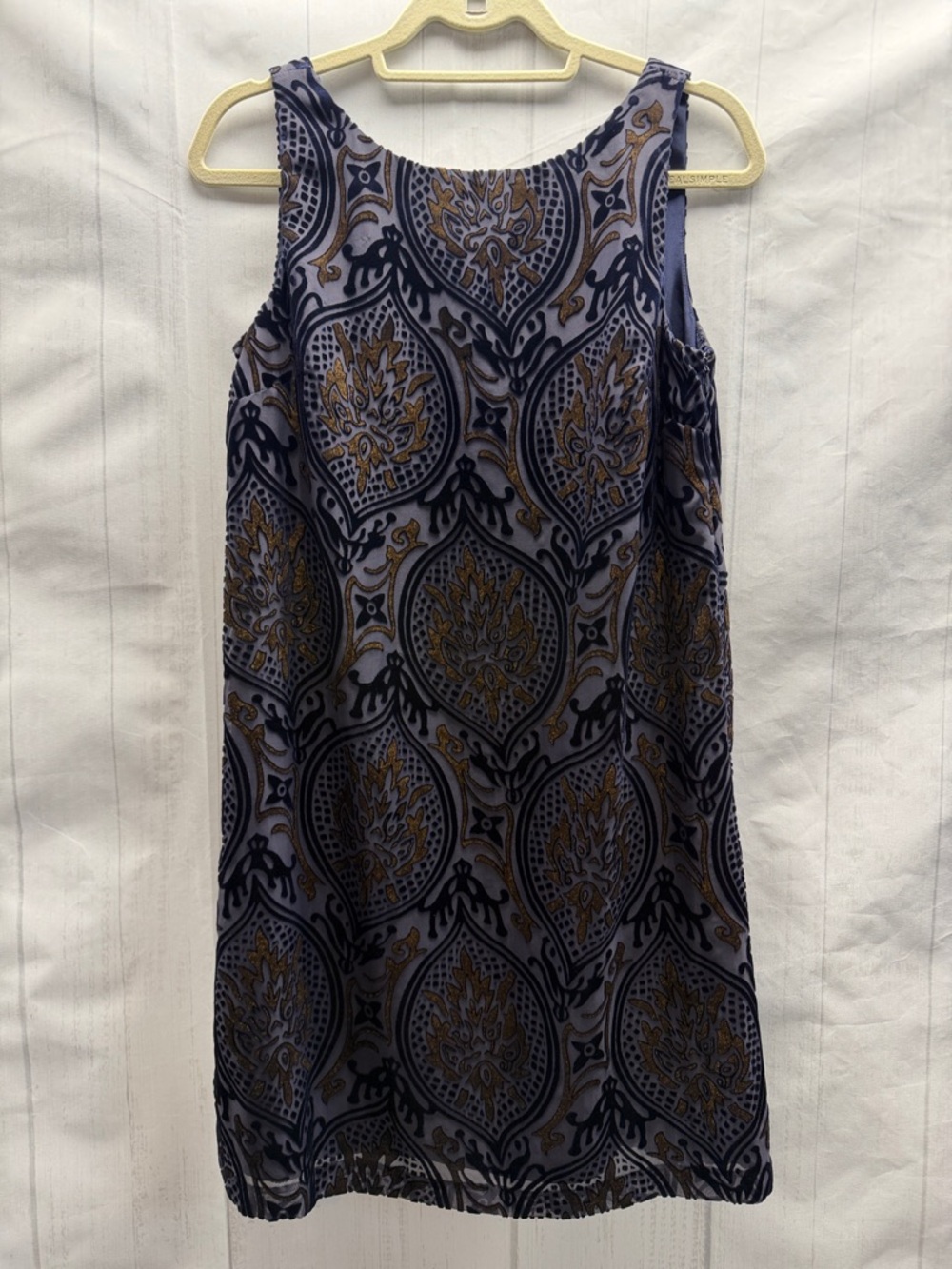 LOFT NWT Navy Blue and Gold Pattern Burnout Velvet Sleeveless Shift Dress Small